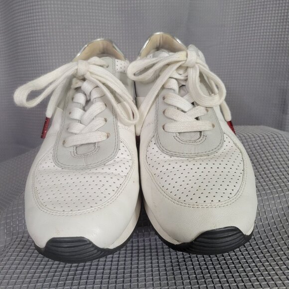 Michael Kors Womens Size 7M Sneakers Allie Perforated Leather Lace-up Gray Red - Picture 7 of 12